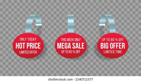 Etiquetas de ventas rojas tambalean con texto. Etiqueta de descuento vectorial, oferta especial, banner de precio plástico.