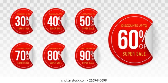 Red sales tags wobblers with text. Vector discount sticker, special offer, plastic price banner.