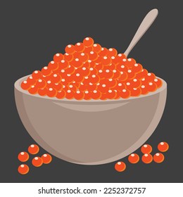 Red salmon caviar in a bowl with spoon. Fish roe, healthy luxury delicacy Vector illustration.