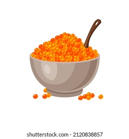 Red salmon caviar in a bowl with wood spoon. Fish roe - healthy luxury delicacy. Vector illustration isolated on white background