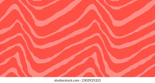 Red Salmon fillet vector seamless texture. Food abstract wallpaper pattern with waved stripes. Sushi restaurant packaging and Menu design.