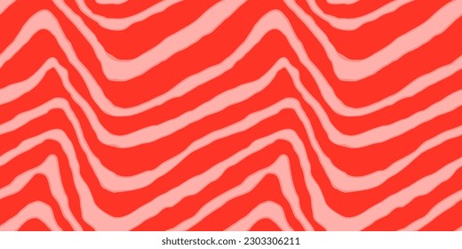 Red Salmon fillet vector seamless texture. Food abstract wallpaper pattern with waved stripes. Sushi restaurant packaging and Menu design.