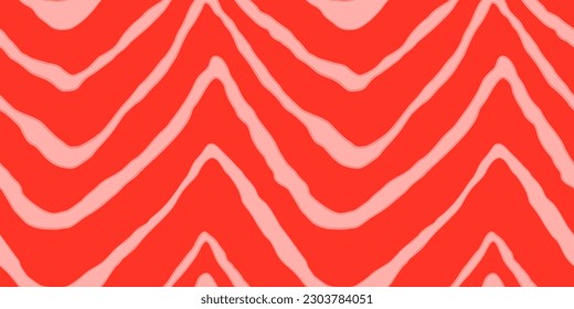 Red Salmon fillet vector seamless texture. Food abstract wallpaper pattern with waved stripes. Sushi restaurant packaging and Menu design.