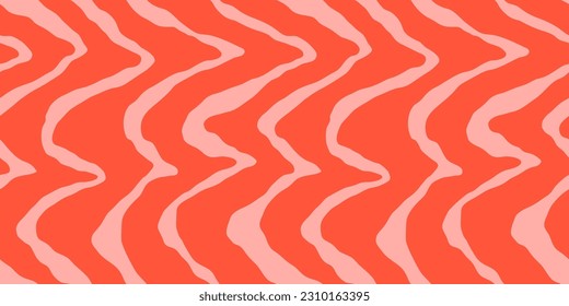 Red Salmon fillet vector seamless texture. Food abstract wallpaper pattern with waved stripes. Sushi restaurant packaging and Menu design.