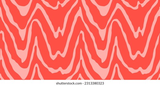 Red Salmon fillet vector seamless texture. Food abstract wallpaper pattern with waved stripes. Sushi restaurant packaging and Menu design.