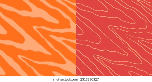 Red Salmon fillet vector seamless texture. Food abstract wallpaper pattern with waved stripes. Sushi restaurant packaging and Menu design.