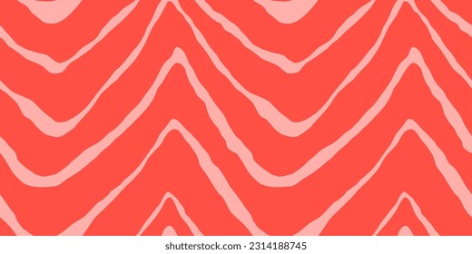 Red Salmon fillet vector seamless texture. Food abstract wallpaper pattern with waved stripes. Sushi restaurant packaging and Menu design.