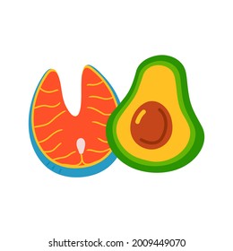 Red salmon fish and avocado. Vector hand drawn cartoon illustration icon. Isolated on white background. Avocado and red fish cartoon concept