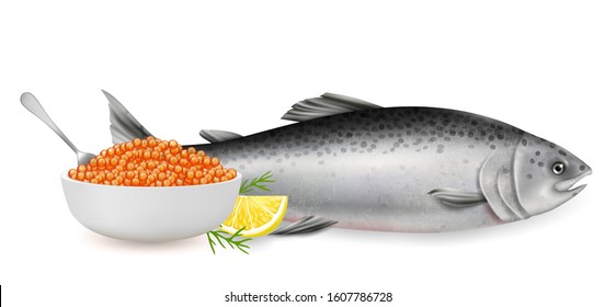 Red salmon fish caviar, vector illustration isolated on white background. Realistic healthy delicacy seafood product composition for menu, recipe, website page etc.