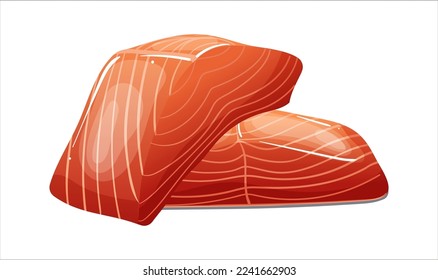 Red salmon meat slices isolated on white background. Realistic detailed seafood healthy delicacy salmon fillet steaks. Fresh traditional japanese sashimi salty dish from sea fish. Vector illustration