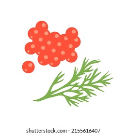 Red salmon or trout caviar and dill. Fish delicacy. Delicious and healthy food. Protein marine product. Flat vector illustration isolated on white background
