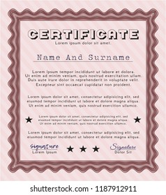 Red Sample certificate or diploma. Artistry design. Vector illustration. With guilloche pattern and background. 