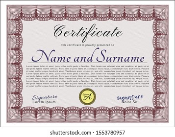 Red Sample certificate or diploma. Artistry design. With guilloche pattern. Detailed. 