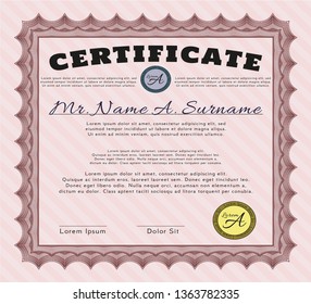 Red Sample certificate or diploma. With background. Vector illustration. Cordial design. 