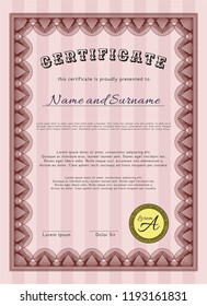 Red Sample certificate or diploma. With complex background. Vector illustration. Beauty design. 