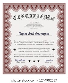 Red Sample certificate or diploma. Complex background. Money design. Vector illustration. 
