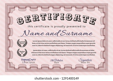 Red Sample certificate or diploma. Complex background. Modern design. Detailed. 