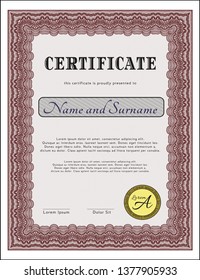 Red Sample certificate or diploma. With complex linear background. Vector illustration. Beauty design. 