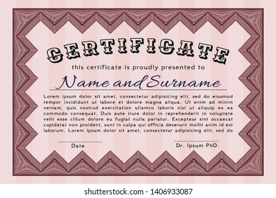 Red Sample certificate or diploma. With complex linear background. Perfect design. Vector illustration. 