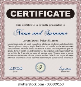 Red Sample certificate or diploma. With complex linear background. Elegant design. Vector certificate template. 