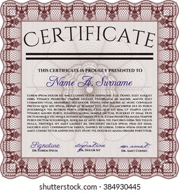 Red Sample certificate or diploma. With complex linear background. Elegant design. Vector certificate template. 