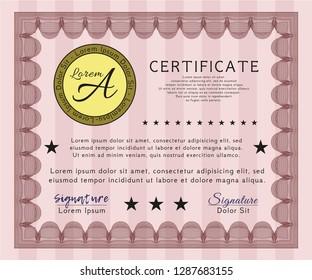 Red Sample certificate or diploma. Cordial design. Vector illustration. With complex background. 