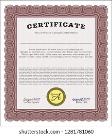 Red Sample certificate or diploma. Customizable, Easy to edit and change colors. Printer friendly. Nice design. 