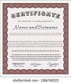 Red Sample certificate or diploma. Detailed. With complex linear background. Money design. 