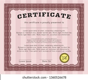Red Sample certificate or diploma. Detailed. With great quality guilloche pattern. Cordial design. 
