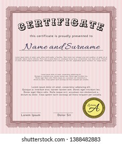 Red Sample certificate or diploma. Detailed. With background. Cordial design. 