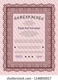 Red Sample certificate or diploma. Easy to print. Vector illustration. Artistry design. 