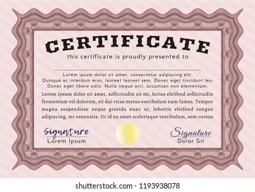 Red Sample certificate or diploma. Elegant design. Vector illustration. With guilloche pattern. 