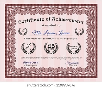 Red Sample certificate or diploma. Elegant design. Detailed. With complex linear background. 