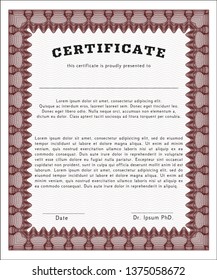 Red Sample certificate or diploma. Excellent design. With complex linear background. Vector illustration. 