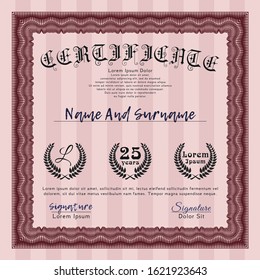 Red Sample certificate or diploma. Excellent design. Detailed. With complex linear background. 