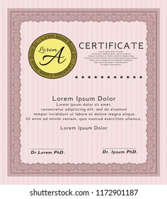 Red Sample certificate or diploma. Good design. Detailed. With complex linear background. 