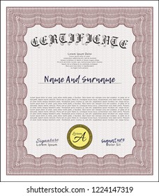 Red Sample certificate or diploma. With great quality guilloche pattern. Lovely design. Vector illustration. 