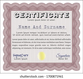 Red Sample certificate or diploma. With guilloche pattern. Cordial design. Vector illustration. 