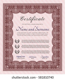 Red Sample certificate or diploma. With guilloche pattern and background. Cordial design. Detailed. 