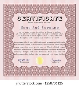 Red Sample certificate or diploma. Modern design. With guilloche pattern and background. Vector illustration. 