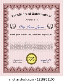 Red Sample certificate or diploma. Money design. Vector illustration. With linear background. 