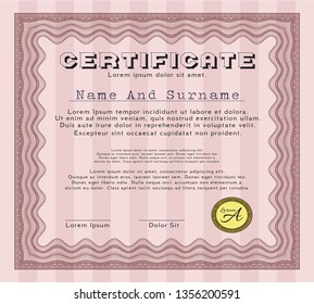 Red Sample certificate or diploma. Money Pattern design. Vector illustration. With background. 