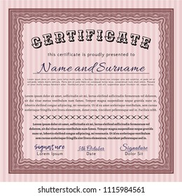 Red Sample certificate or diploma. Nice design. Vector illustration. With great quality guilloche pattern. 