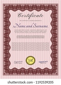 Red Sample certificate or diploma. Perfect design. Detailed. With linear background. 