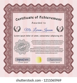 Red Sample certificate or diploma. Sophisticated design. With complex background. Vector illustration. 