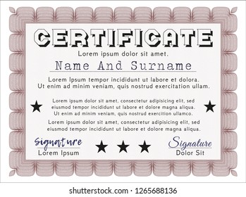 Red Sample certificate or diploma. Sophisticated design. With background. Vector illustration. 