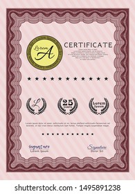 Red Sample certificate or diploma. Superior design. Printer friendly. Vector illustration. 