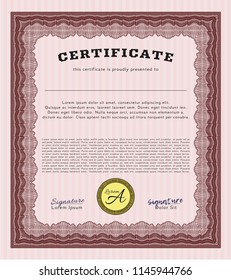 Red Sample certificate or diploma. Vector illustration. With complex linear background. Excellent design. 