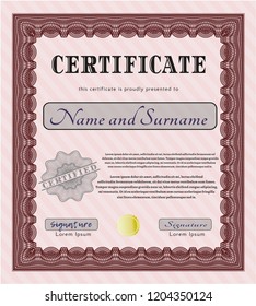 Red Sample certificate or diploma. Vector illustration. With great quality guilloche pattern. Elegant design. 