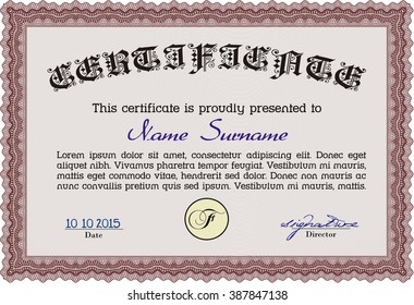 Red Sample certificate or diploma. Vector certificate template. Elegant design. With complex linear background. 